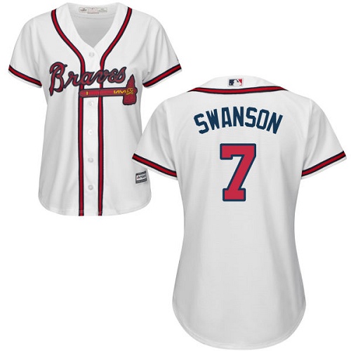 Braves #7 Dansby Swanson White Home Women's Stitched MLB Jersey - Click Image to Close